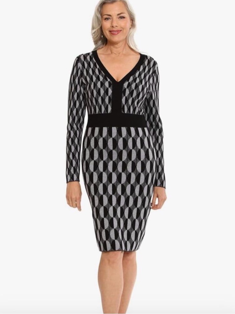 NWOT London Times Mod Geo Print Black and Gray Midi Sweater Dress Medium